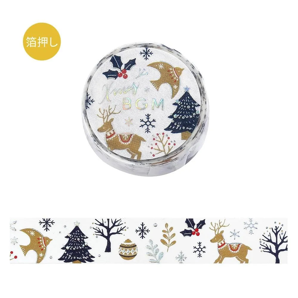 BGM Christmas Forest washi tape featuring gold foil reindeer and trees.