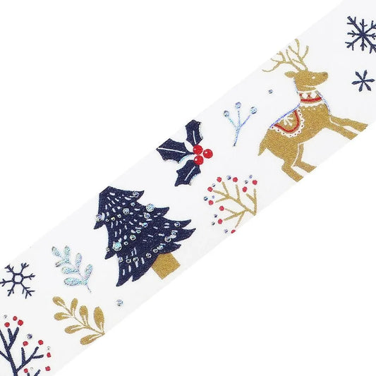 BGM Christmas Forest washi tape featuring gold foil reindeer and trees.
