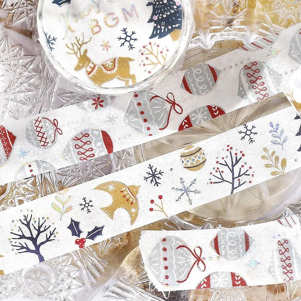 BGM Christmas Forest washi tape featuring gold foil reindeer and trees.