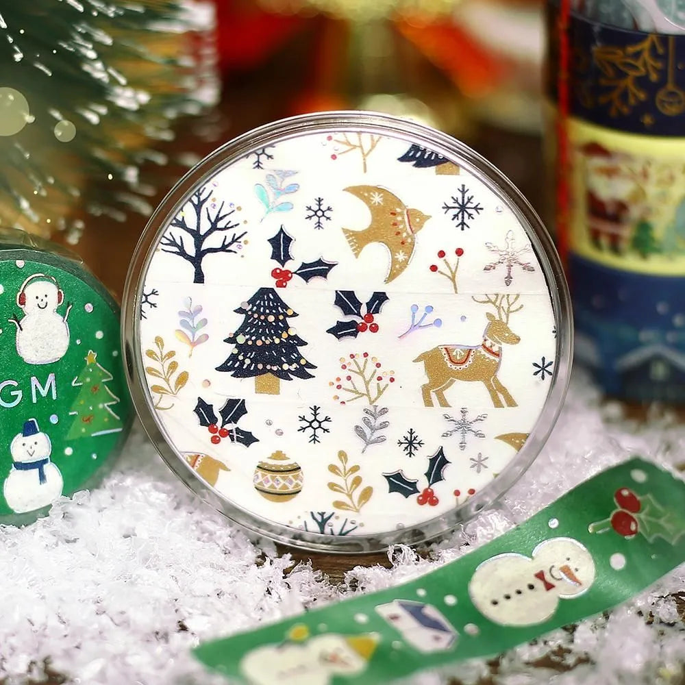 BGM Christmas Forest washi tape featuring gold foil reindeer and trees.
