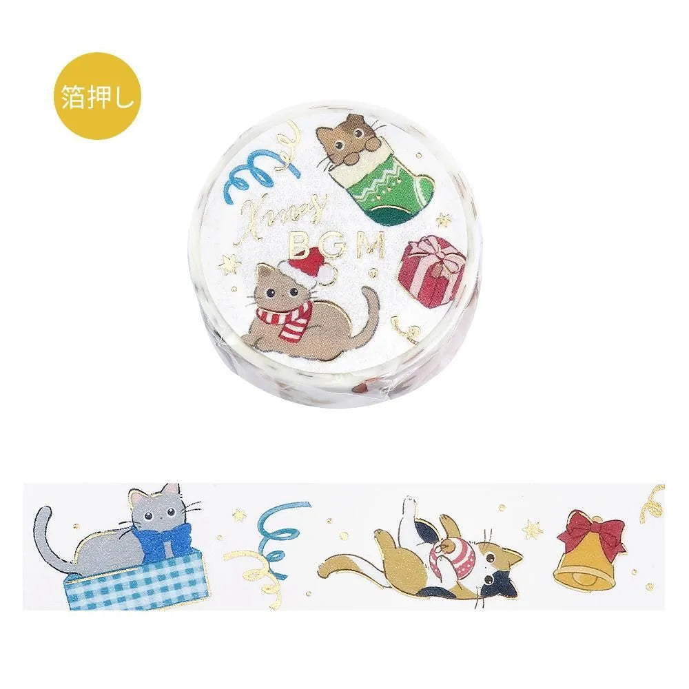 BGM Christmas washi tape featuring cute cats in stockings with gold foil details.