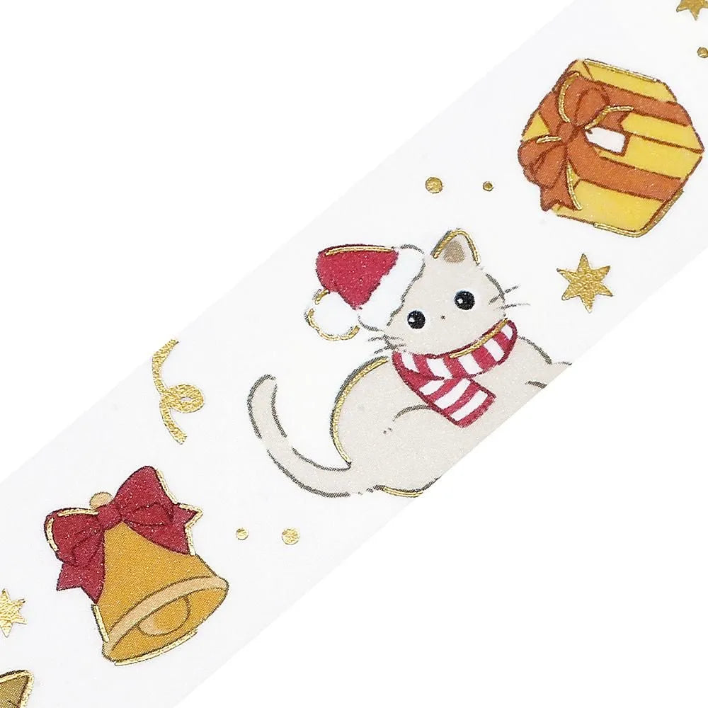 BGM Christmas washi tape featuring cute cats in stockings with gold foil details.