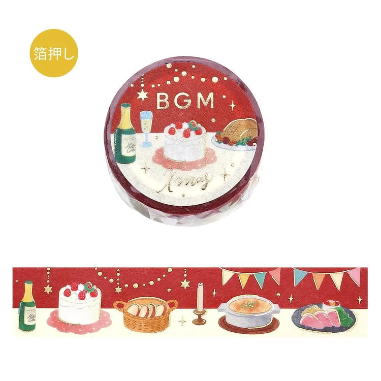 BGM Christmas washi tape featuring Christmas dinner, wine, and gold foil accents.