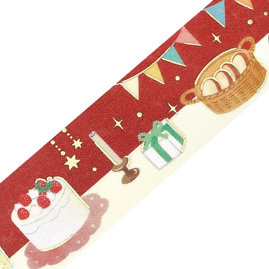 BGM Christmas washi tape featuring Christmas dinner, wine, and gold foil accents.