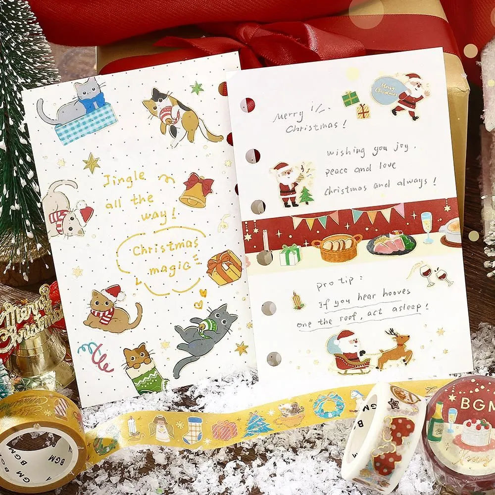 BGM Christmas washi tape featuring Christmas dinner, wine, and gold foil accents.