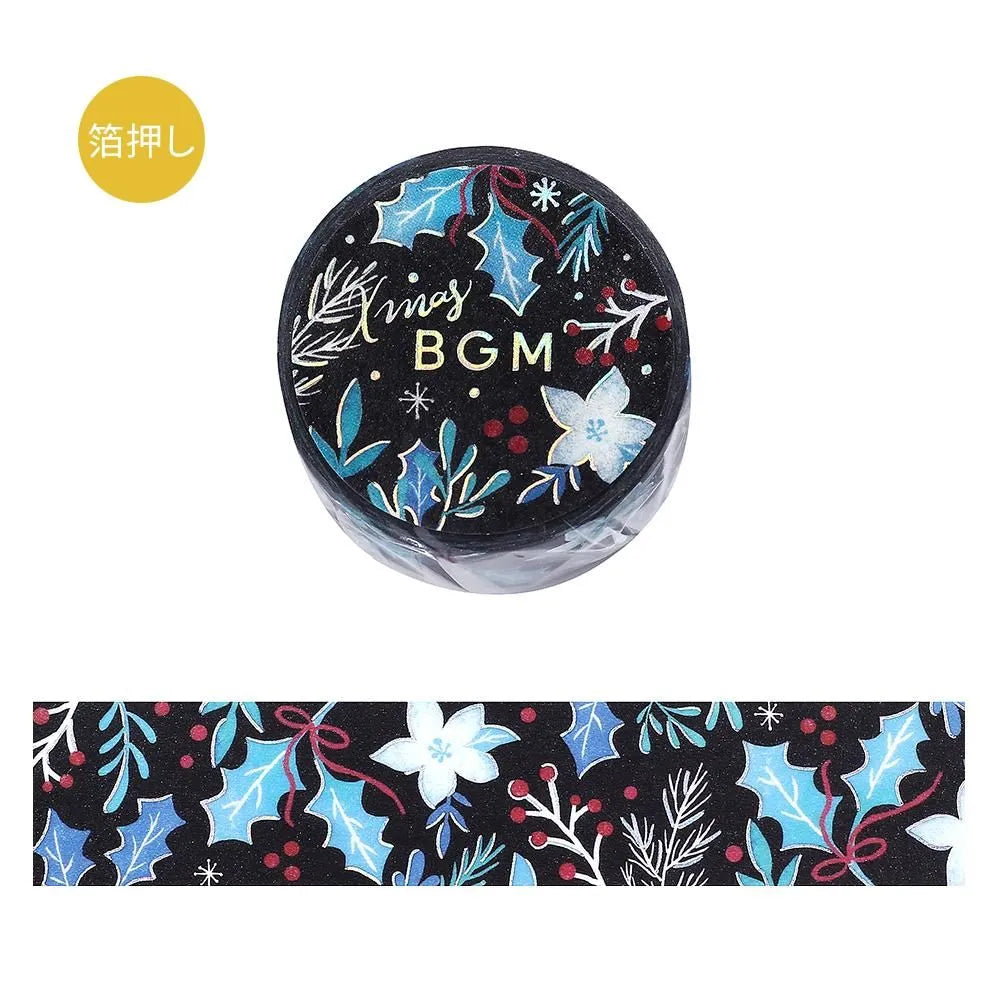 BGM Christmas washi tape featuring holly, berries, and winter flowers with gold foil details.
