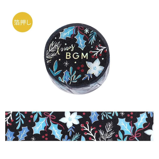 BGM Christmas washi tape featuring holly, berries, and winter flowers with gold foil details.