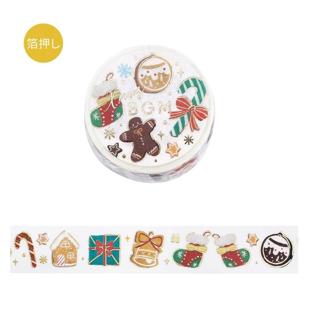 BGM Christmas washi tape featuring gold-foil holiday icons like mittens, cookies, and holly.