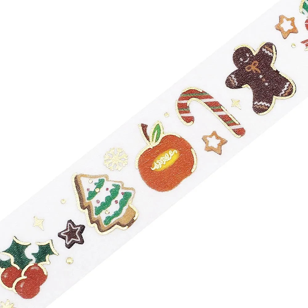 BGM Christmas washi tape featuring gold-foil holiday icons like mittens, cookies, and holly.