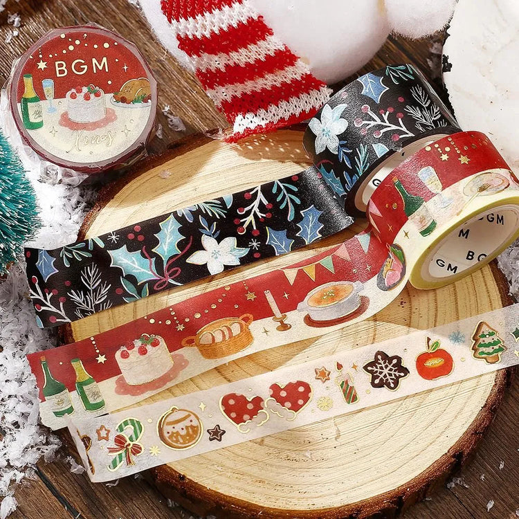 BGM Christmas washi tape featuring gold-foil holiday icons like mittens, cookies, ornaments, wreaths and more. 