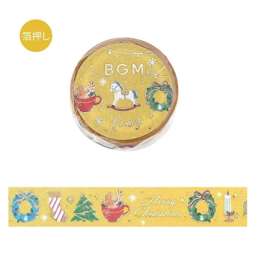 BGM Christmas washi tape featuring gold foil mini objects like ornaments, trees, and gifts.