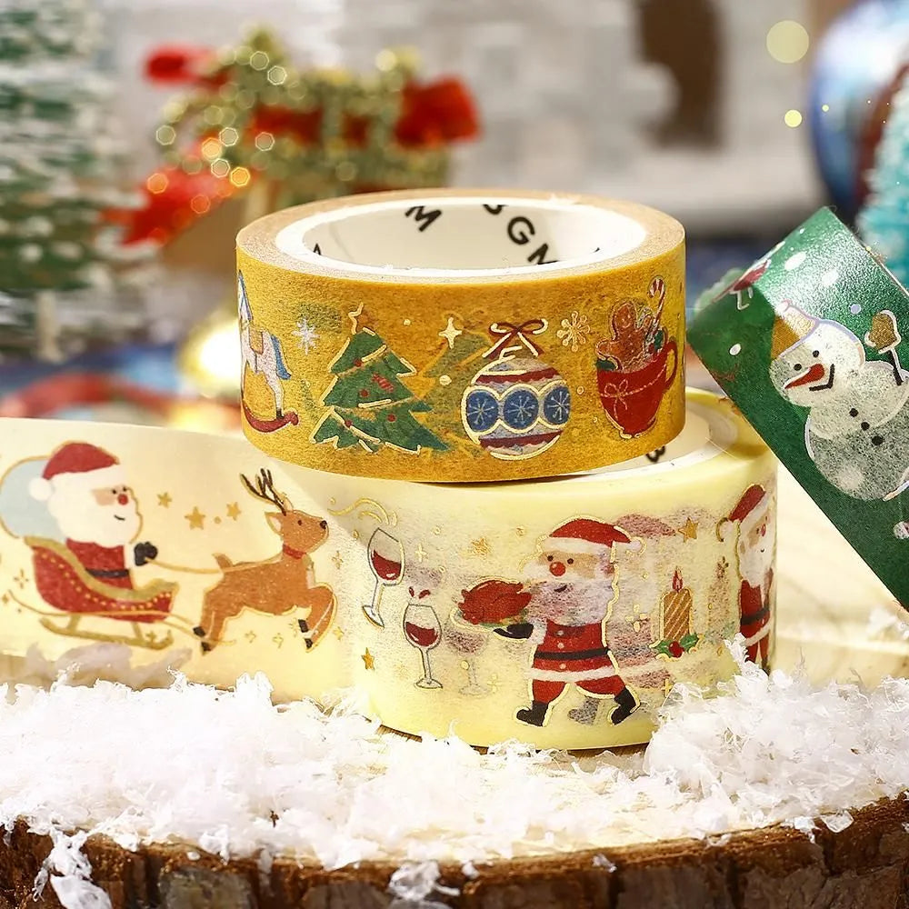 BGM Christmas washi tape featuring gold foil mini objects like ornaments, trees, and gifts.