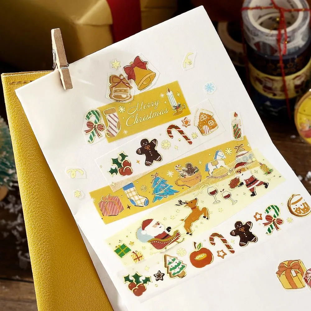 BGM Christmas washi tape featuring gold foil mini objects like ornaments, trees, and gifts.
