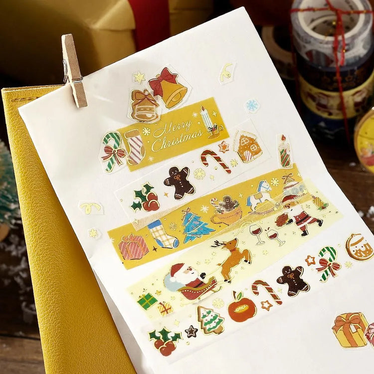 BGM Christmas washi tape featuring gold foil mini objects like ornaments, trees, and gifts.