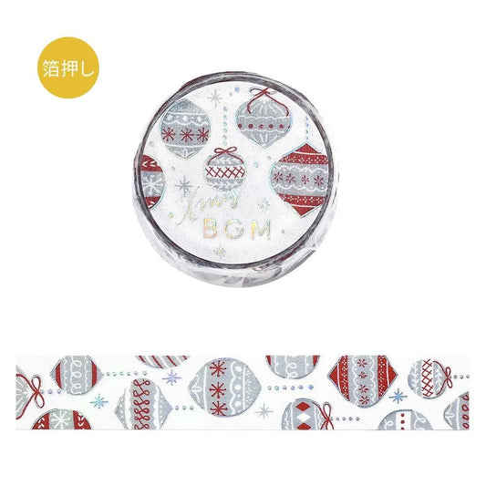 BGM Christmas washi tape featuring Nordic-style red and silver ornaments with foil accents.