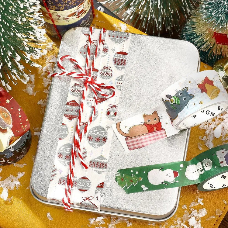 BGM Christmas washi tape featuring Nordic-style red and silver ornaments with foil accents.