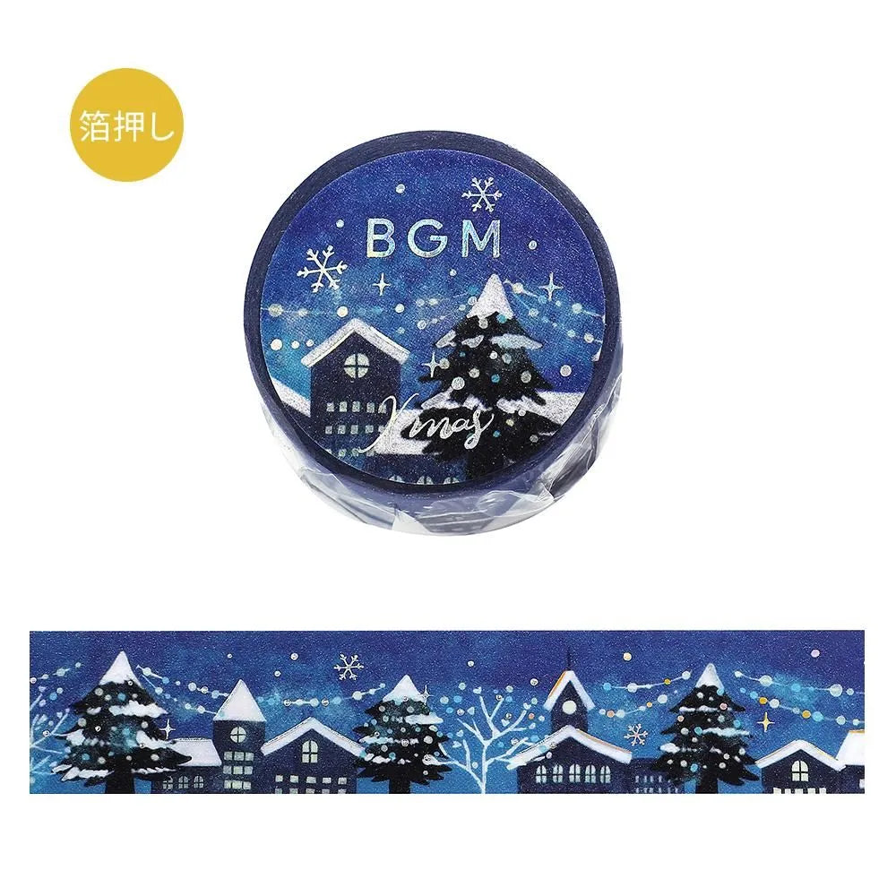 BGM Christmas washi tape with snowy cottages and twinkling gold-foil lights.