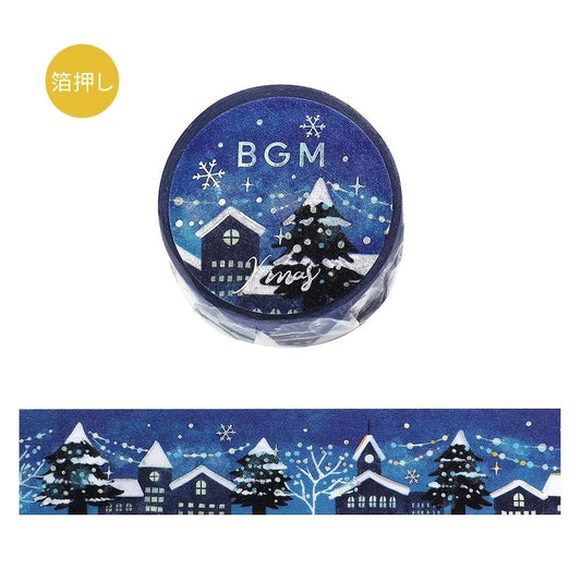 BGM Christmas washi tape with snowy cottages and twinkling gold-foil lights.