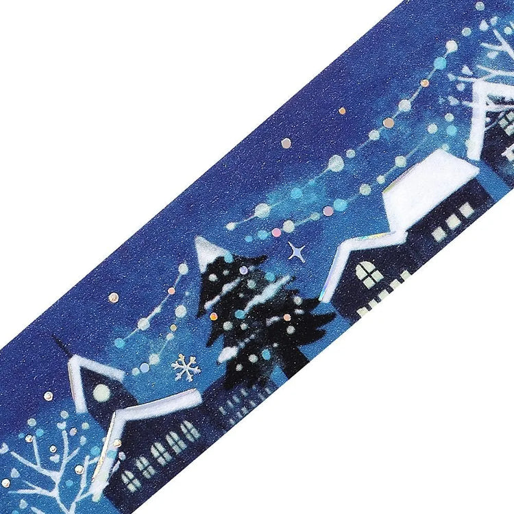 BGM Christmas washi tape with snowy cottages and twinkling gold-foil lights.