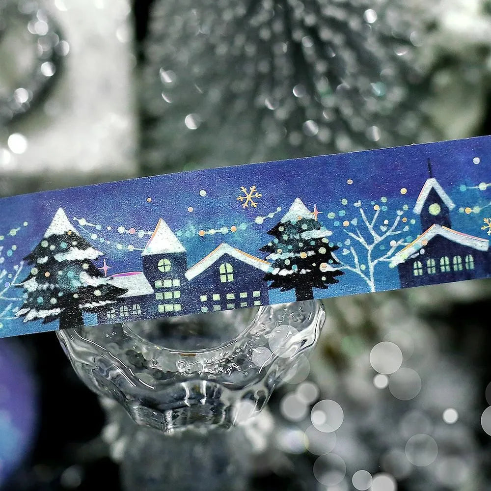 BGM Christmas washi tape with snowy cottages and twinkling gold-foil lights.