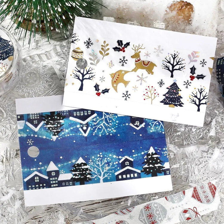 BGM Christmas washi tape with snowy cottages and twinkling gold-foil lights.