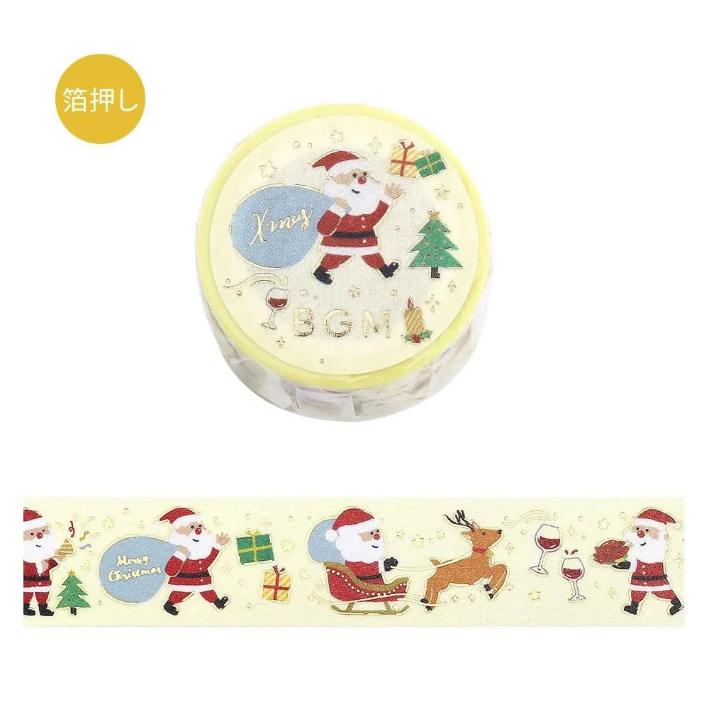 BGM Santa’s Coming Christmas washi tape featuring Santa carrying gifts with gold foil accents.
