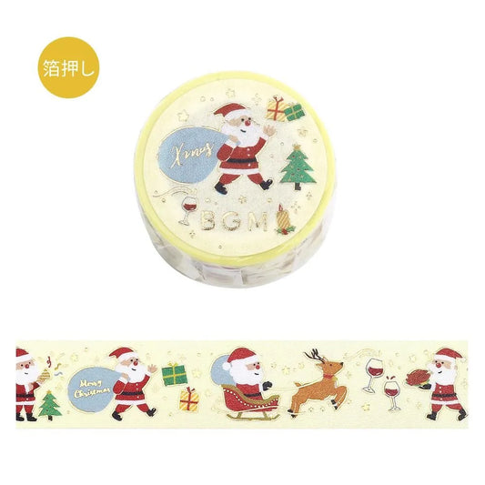 BGM Santa’s Coming Christmas washi tape featuring Santa carrying gifts with gold foil accents.