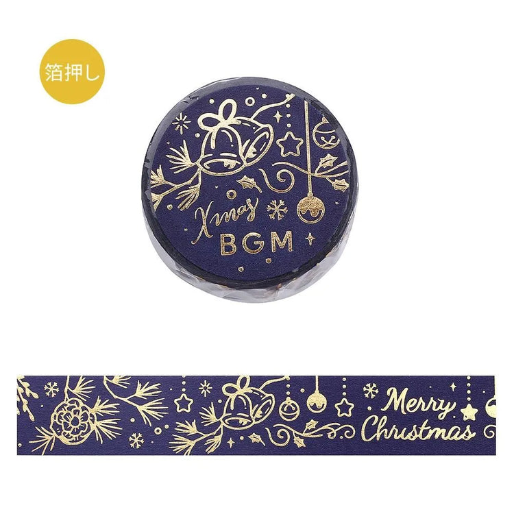 BGM Shining Xmas washi tape featuring navy blue and gold foil ornaments and stars.