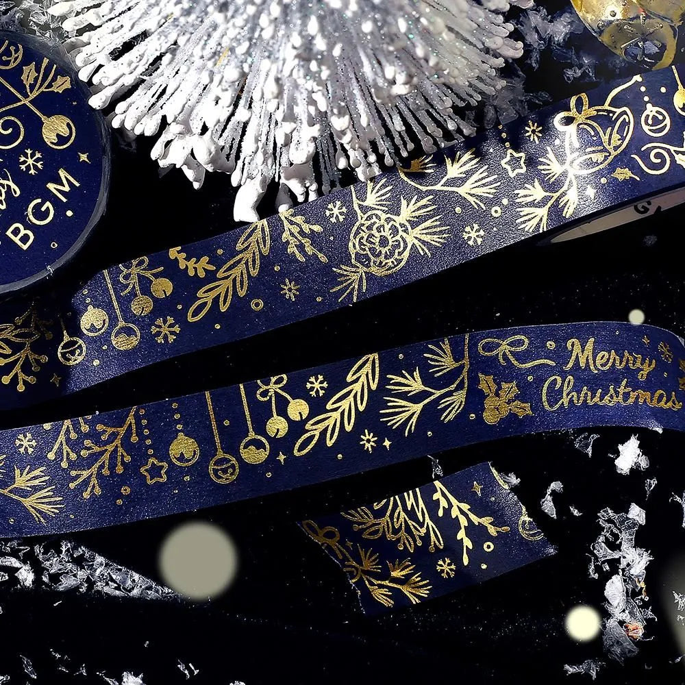 BGM Shining Xmas washi tape featuring navy blue and gold foil ornaments and stars.