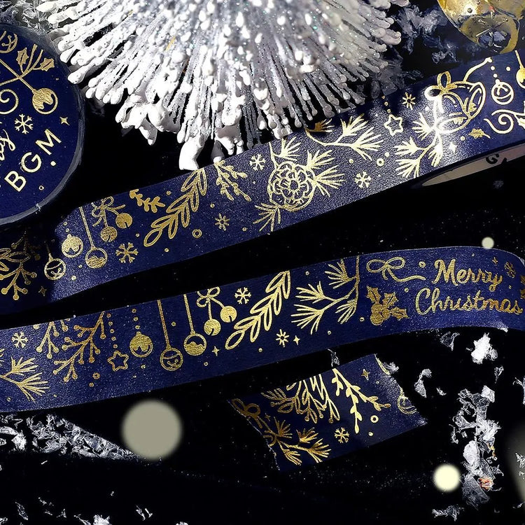 BGM Shining Xmas washi tape featuring navy blue and gold foil ornaments and stars.