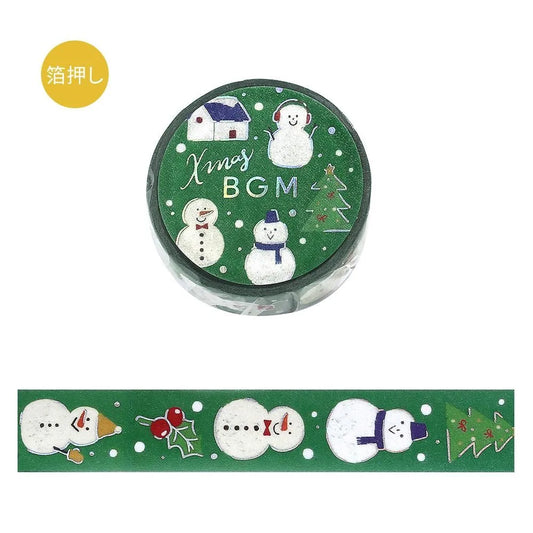 BGM Christmas washi tape featuring cute snowmen in scarves with gold foil accents.