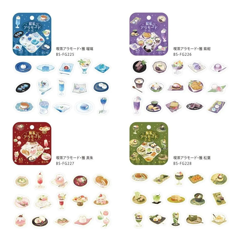 BGM Café Ala Mode Miyabi foil flake stickers in blue, purple, red, and green sets, featuring illustrated café desserts and drinks with metallic accents on washi paper.