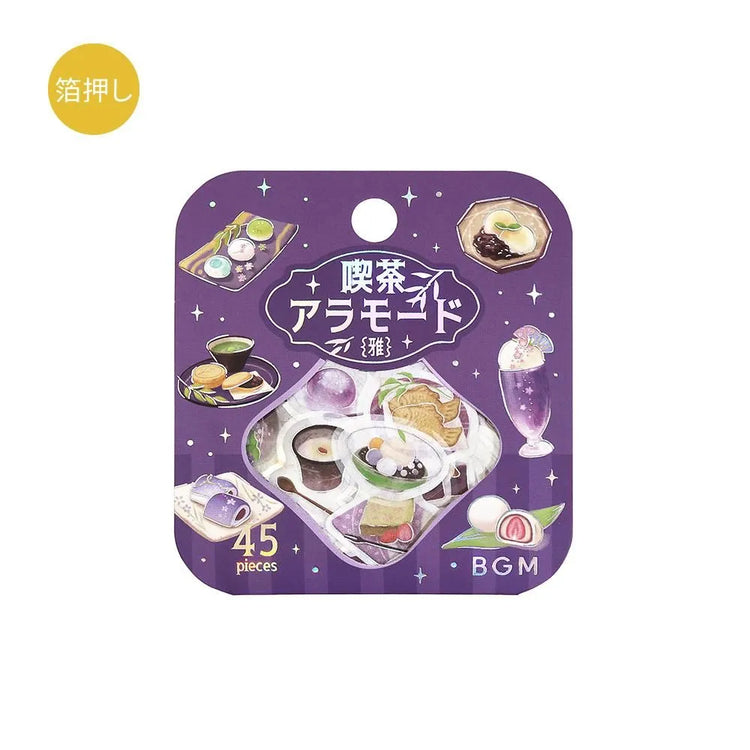 Purple café-themed flake sticker sheet featuring traditional sweets, tea cups and parfaits with metallic foil details.