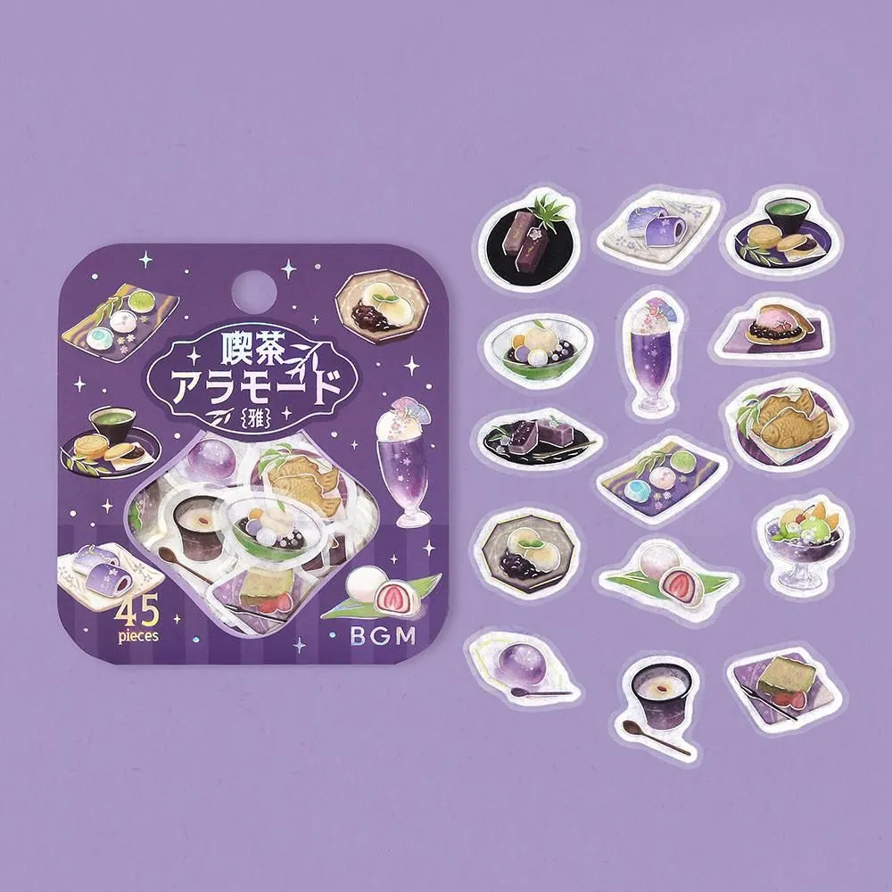 Purple café-themed flake sticker sheet featuring traditional sweets, tea cups and parfaits with metallic foil details.