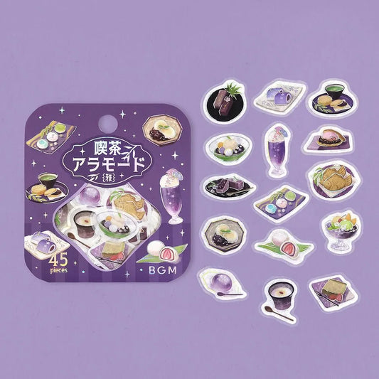 Purple café-themed flake sticker sheet featuring traditional sweets, tea cups and parfaits with metallic foil details.