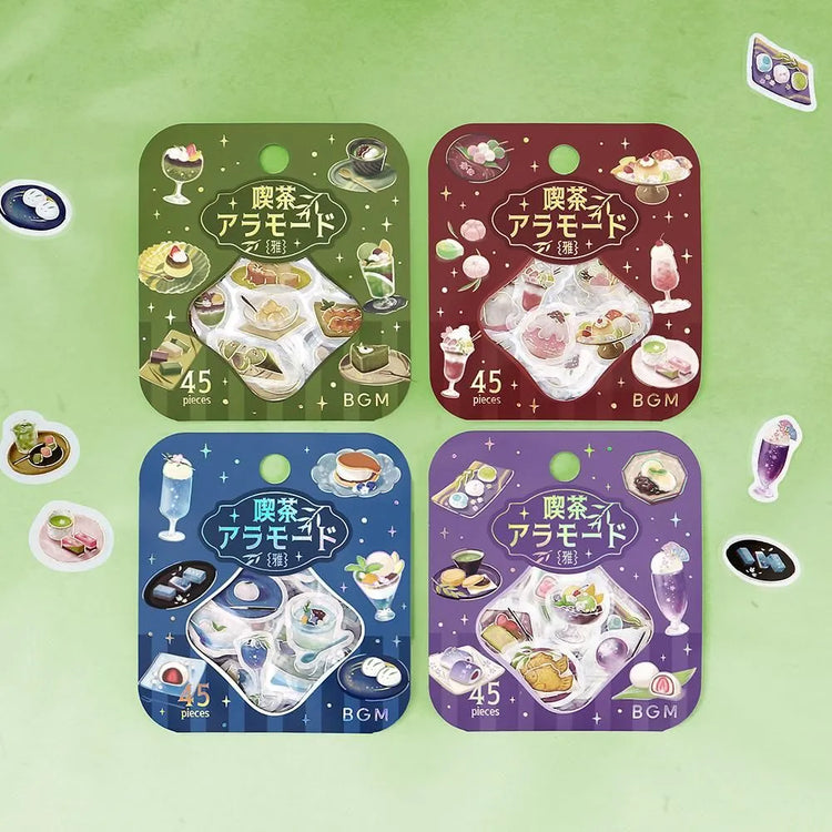 BGM Café Ala Mode Miyabi foil flake stickers in blue, purple, red, and green sets, featuring illustrated café desserts and drinks with metallic accents on washi paper.