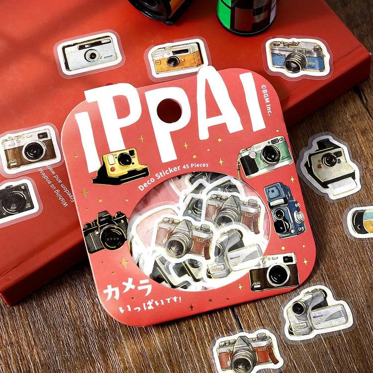 BGM Foil Stamping Flake Seal Ippai Cameras stickers featuring vintage and modern camera illustrations with foil details.