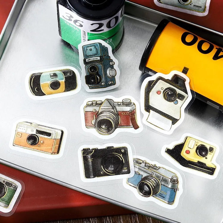 BGM Foil Stamping Flake Seal Ippai Cameras stickers featuring vintage and modern camera illustrations with foil details.