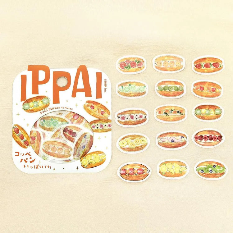 BGM Foil Stamping Flake Seal Ippai Koppepan stickers featuring Japanese bread buns with foil touches.