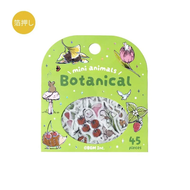 BGM Foil Stamping Flake Seal – Mini Mini Animals: Botanical with 45 washi stickers featuring charming animals and floral motifs, highlighted with gold foil details and a gently textured finish.