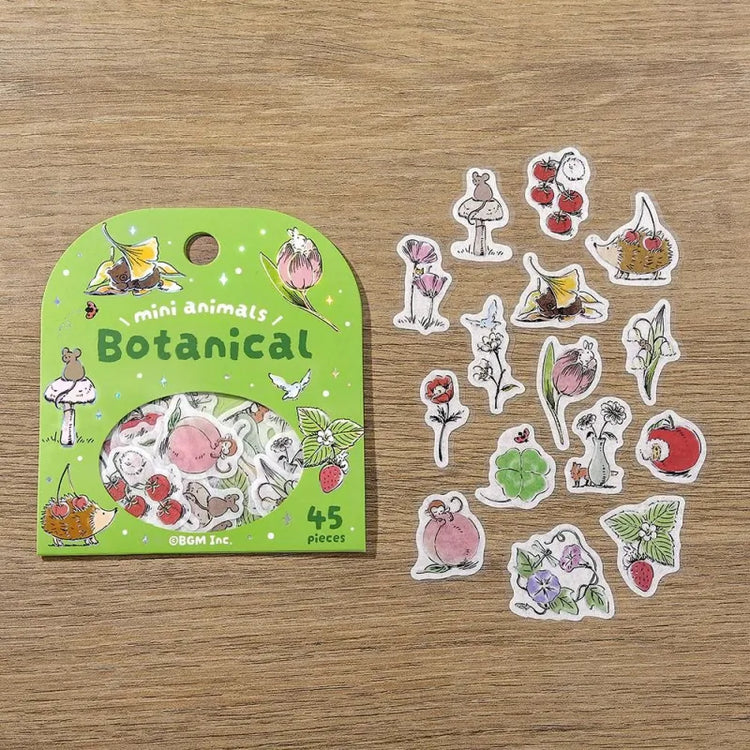 BGM Foil Stamping Flake Seal – Mini Mini Animals: Botanical with 45 washi stickers featuring charming animals and floral motifs, highlighted with gold foil details and a gently textured finish.