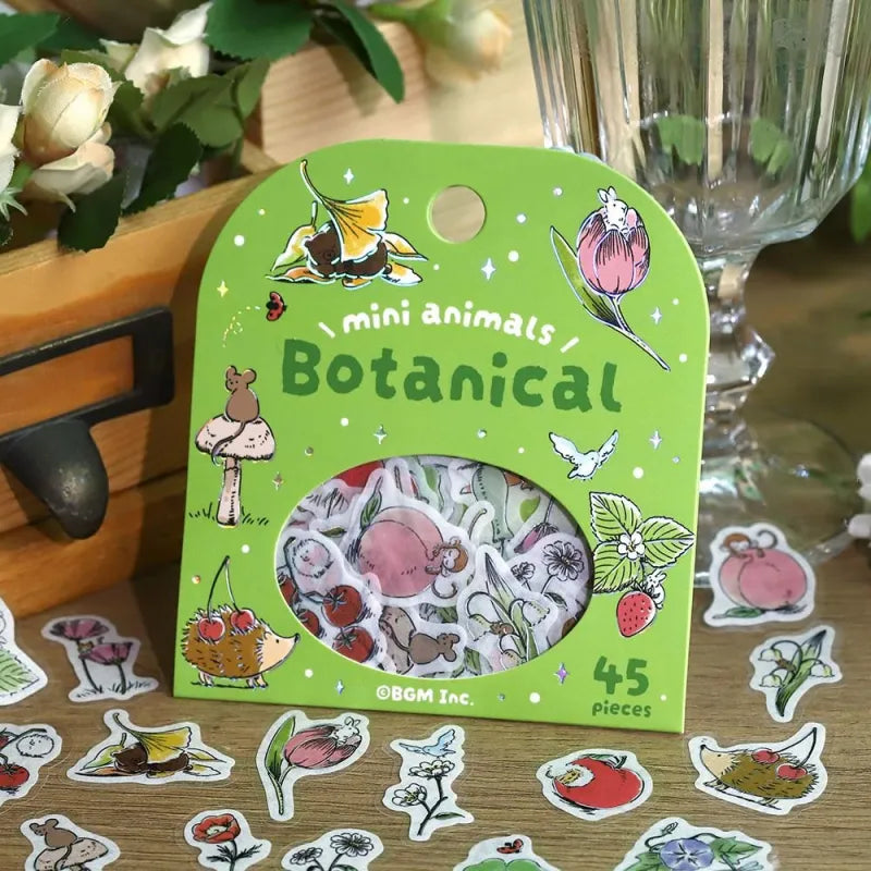 BGM Foil Stamping Flake Seal – Mini Mini Animals: Botanical with 45 washi stickers featuring charming animals and floral motifs, highlighted with gold foil details and a gently textured finish.