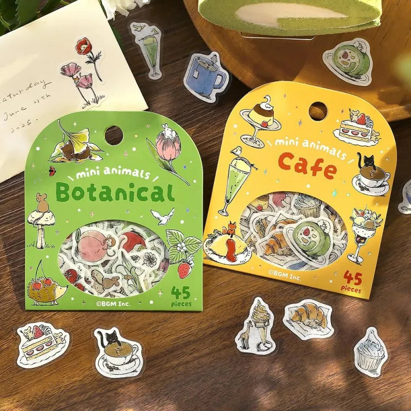 BGM Foil Stamping Flake Seal – Mini Mini Animals: Botanical with 45 washi stickers featuring charming animals and floral motifs, highlighted with gold foil details and a gently textured finish.