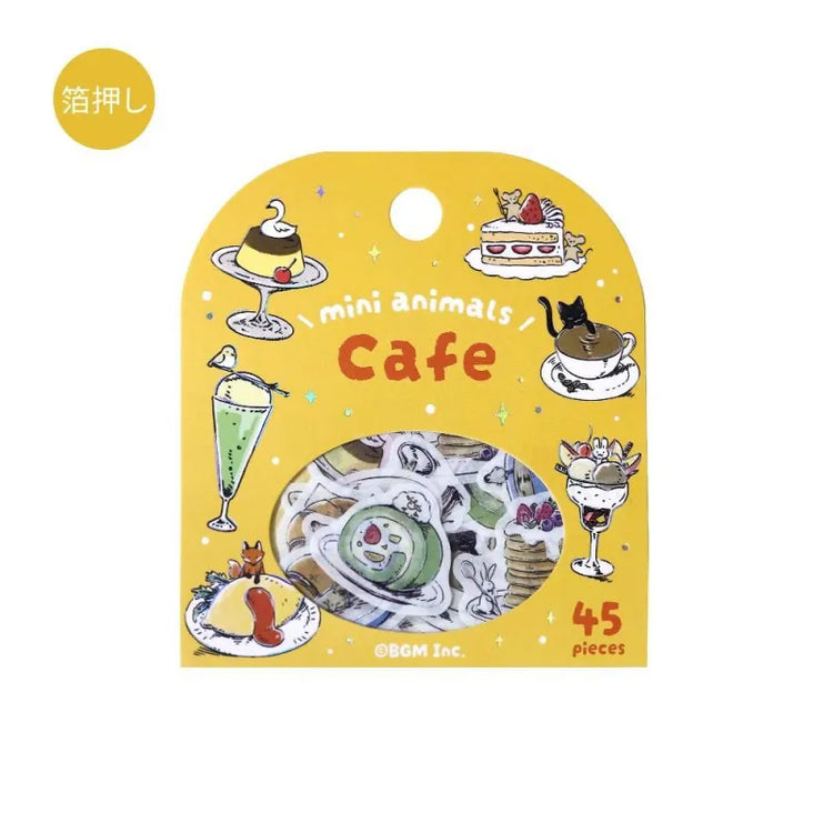 BGM Foil Stamping Flake Seal – Mini Mini Animals series featuring 45 washi paper stickers per set, each showcasing cute animal designs, cozy café elements, and foil-stamped details with a raised textured effect.