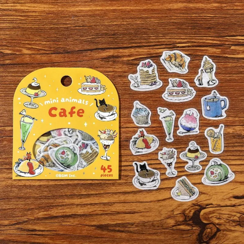 BGM Foil Stamping Flake Seal – Mini Mini Animals series featuring 45 washi paper stickers per set, each showcasing cute animal designs, cozy café elements, and foil-stamped details with a raised textured effect.