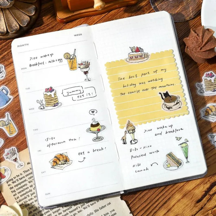 BGM Foil Stamping Flake Seal – Mini Mini Animals series featuring 45 washi paper stickers per set, each showcasing cute animal designs, cozy café elements, and foil-stamped details with a raised textured effect.