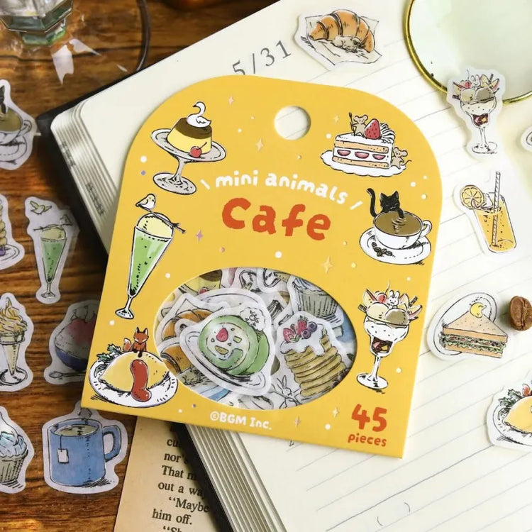 BGM Foil Stamping Flake Seal – Mini Mini Animals series featuring 45 washi paper stickers per set, each showcasing cute animal designs, cozy café elements, and foil-stamped details with a raised textured effect.