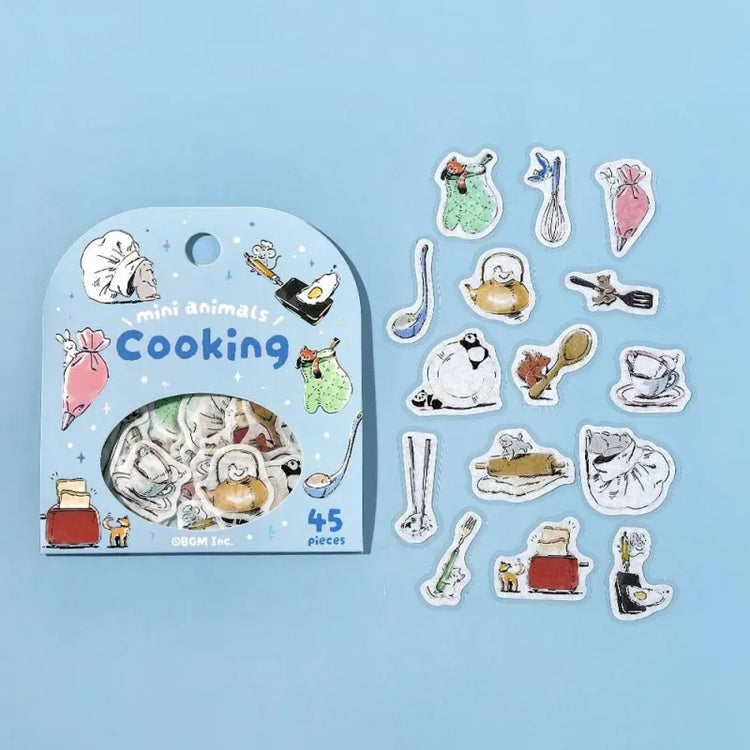 BGM Foil Stamping Flake Seal – Mini Mini Animals: Cooking with 45 washi stickers featuring delightful animals baking, cooking, and plating food—embellished with gold foil accents and a soft textured finish.