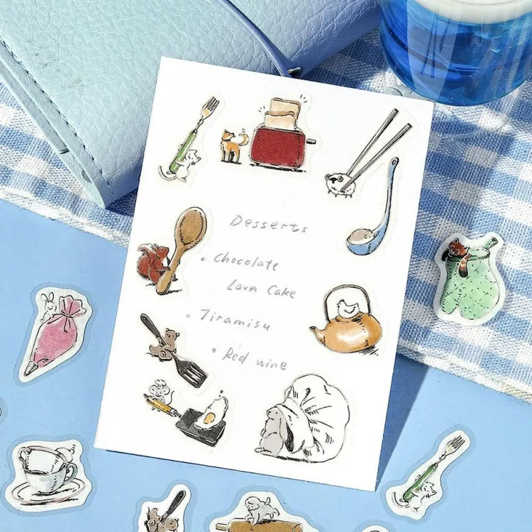 BGM Foil Stamping Flake Seal – Mini Mini Animals: Cooking with 45 washi stickers featuring delightful animals baking, cooking, and plating food—embellished with gold foil accents and a soft textured finish.