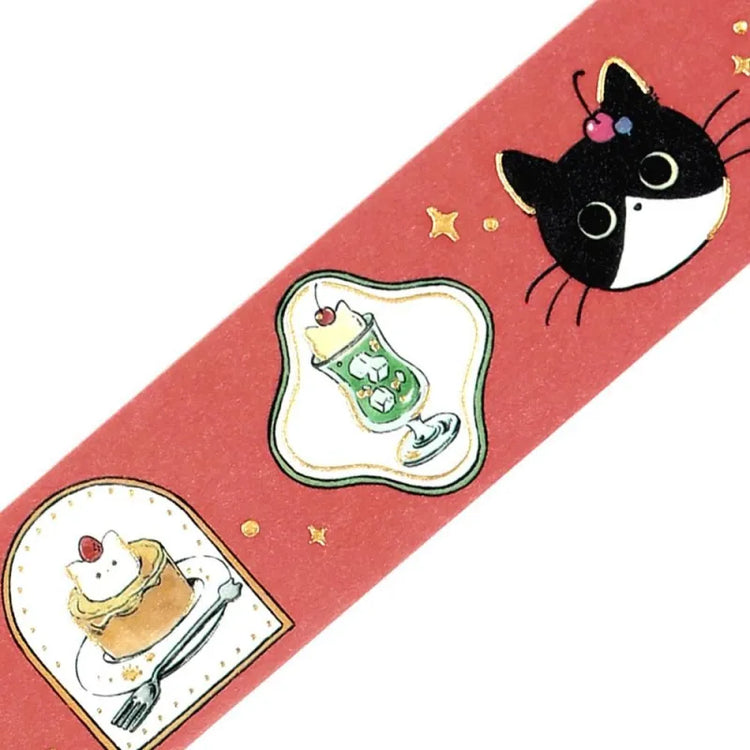 BGM Foil Stamping Masking Tape – Black Cat Café: Café Frame 20mm washi tape roll designed with cozy illustrations of café scenes, a black cat, and gold foil accents.